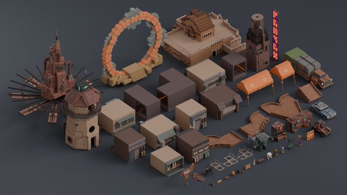 An isometric 3D render displays a collection of low-poly, stylized 3D models including buildings, tents, vehicles, fences, and small character figures against a dark gray background.