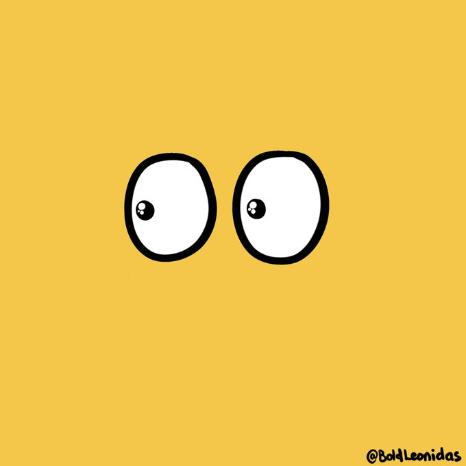 A simple cartoon drawing of two large eyes on a yellow background, signed '@BoldLeonidas' in the bottom right corner.
