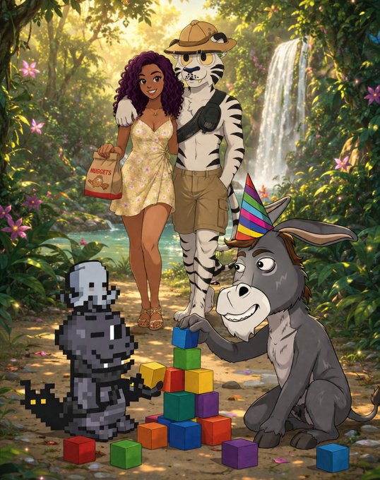 A whimsical illustration featuring a woman and an anthropomorphic tiger in safari attire walking through a jungle with a pixelated creature and a donkey in a party hat playing with blocks.