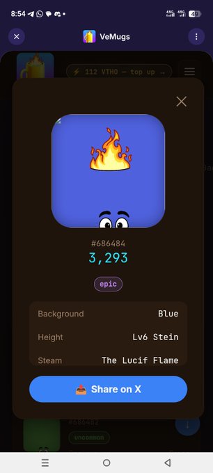 A mobile screenshot of the VeMugs app showing an 'epic' tier profile (#686484) with a fire emoji icon, blue background, and attributes including 'Height Lv6 Stein' and 'Steam The Lucif Flame'.