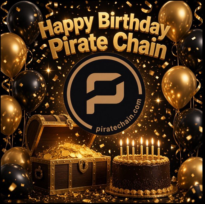A celebratory graphic reading 'Happy Birthday Pirate Chain' featuring the Pirate Chain logo, a treasure chest filled with gold coins, a chocolate birthday cake with lit candles, and gold and black balloons.