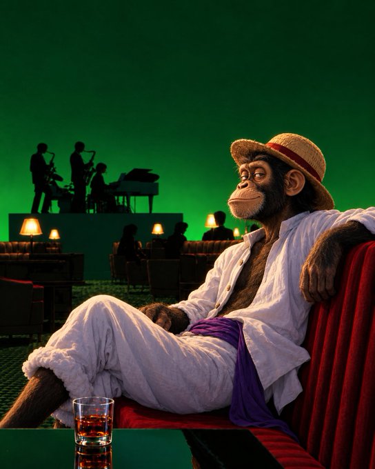 A chimpanzee wearing a straw hat and an open white shirt lounges on a red couch with a glass of amber liquid nearby, while a jazz band performs on a stage in the green-lit background.