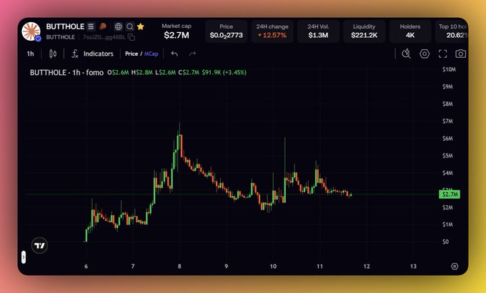 A cryptocurrency chart for 'BUTTHOLE' token showing a market cap of $2.7M, price of $0.0₂2773, and a 12.57% drop over 24 hours with green and red candlesticks.