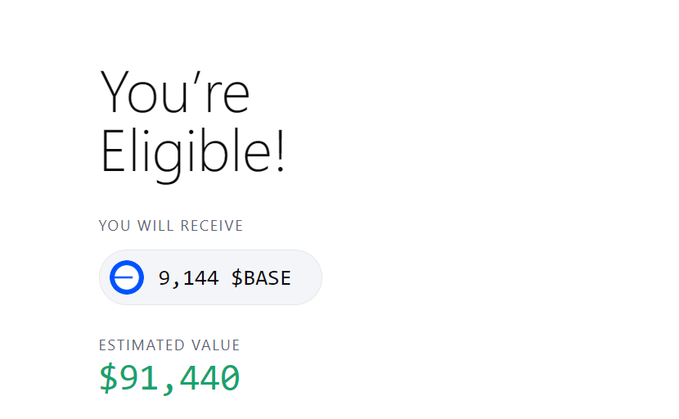 A notification displays "You're Eligible!" to receive 9,144 $BASE tokens with an estimated value of $91,440, corresponding to the post's mention of an unofficial airdrop eligibility calculator.