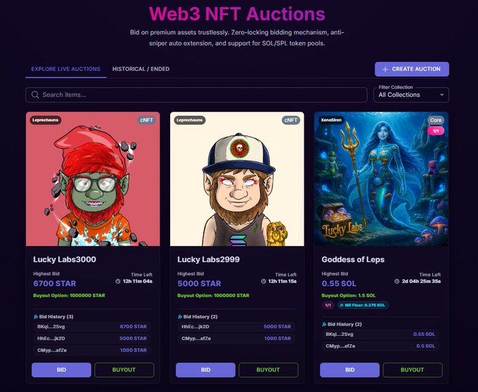 A screenshot of a 'Web3 NFT Auctions' interface showing listings for 'Lucky Labs3000,' 'Lucky Labs2999,' and 'Goddess of Leps' with bid amounts in STAR and SOL.