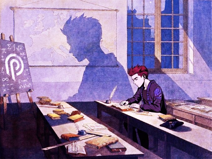 An anime-style illustration of a red-haired young man studying alone at a desk in a classroom, with his large shadow cast on the wall behind him featuring mathematical equations like E=mc², creating an atmospheric and contemplative scene.