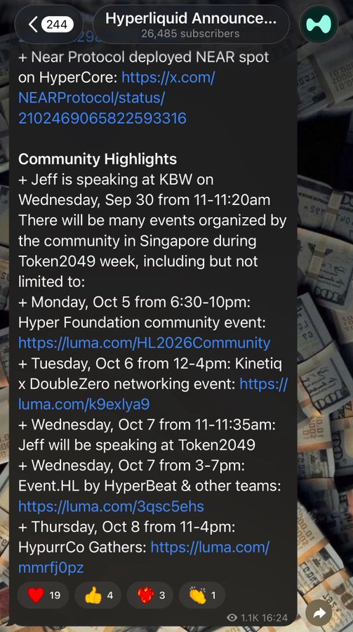 A Telegram channel post from 'Hyperliquid Announce...' with 26,485 subscribers, listing community events in Singapore during Token2049 week including dates from October 5-8 with various luma.com event links.