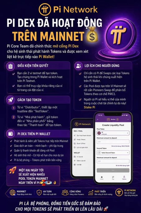 A poster for a Bitcoin exchange, advertising Pi DEX as an option for users. The poster has multiple descriptions of services offered by Pi DEX including exchanging cryptocurrency, selling cryptocurrency, mining, and trading coins. In addition, the poster includes the phrase "Lý có thể được tiền gốc cả hệ sinh thái Các Token có thể được" which translates to "I want to buy token". The poster also includes a screenshot of the Pi DEX app.