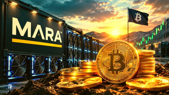 A promotional graphic features 'MARA' branding on cryptocurrency mining hardware alongside a stack of Bitcoin coins and a Bitcoin flag against a sunset mountain backdrop.