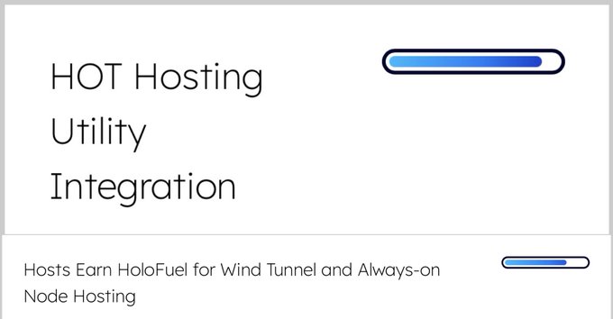 The image displays the "HOT Hosting Utility Integration" feature with the tagline "Hosts Earn HoloFuel for Wind Tunnel and Always-on Node Hosting," both marked as active with blue progress indicators, aligning with the post's announcement of an updated Holo hosting roadmap at +90% completion and teasing a new milestone for the $HOT token.