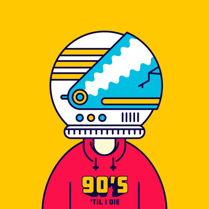 Retro-style illustration of a person wearing a blue and white futuristic helmet and a red hoodie that reads '90'S 'TIL I DIE' against a yellow background.