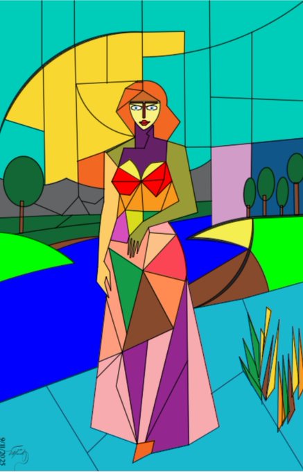 The image features a colorful, cubist-style digital artwork of a woman with flowing orange hair, wearing a geometric-patterned gown in vibrant hues of pink, purple, green, and yellow, set against a stylized landscape with trees, a river, and abstract architectural elements. A small signature is visible in the lower left corner. The piece's modern, expressive style aligns well with its sale as an NFT on the secondary market to a collector named Dream.
