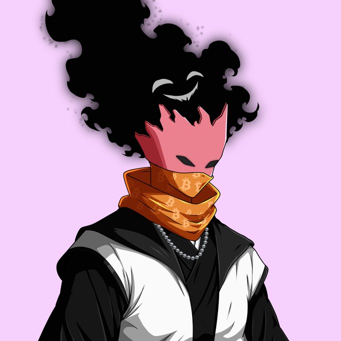 An anime-style character with shadowy black smoke-like hair and a pink face covering wears an orange bandana patterned with Bitcoin (₿) symbols, fitting the "gm nfts" crypto greeting with its blockchain-themed accessory.