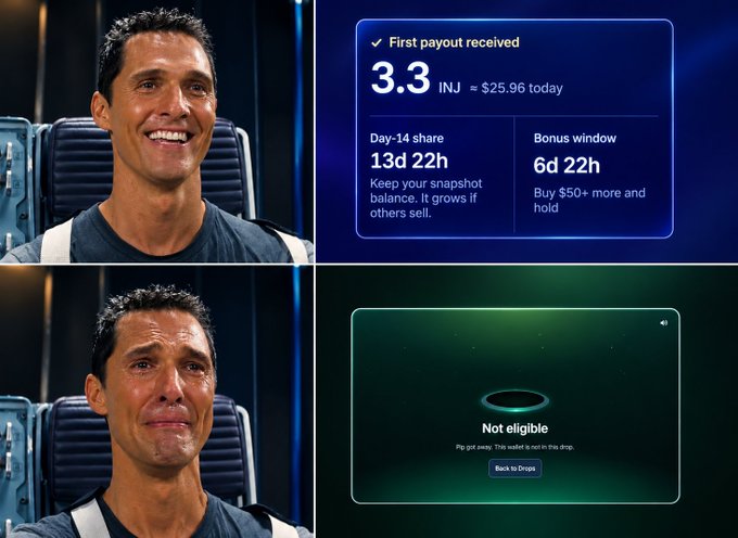 A meme split into two panels contrasts joy and despair: the top shows a smiling man beside a screen displaying "First payout received 3.3 INJ ≈ $25.96 today" with a 13d 22h Day-14 share and 6d 22h bonus window, while the bottom shows the same man tearfully crying next to a "Not eligible" message. The image humorously illustrates the post's boast about claiming a 3.3 INJ payout from the RunUp Day-1 Believers drop—likely the "crying" reaction is reserved for those who missed out on the snapshot.