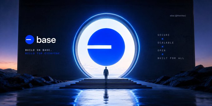 Futuristic promotional graphic for 'base' (Coinbase) with the tagline 'BUILD ON BASE. BUILD FOR EVERYONE.' showing a silhouetted figure walking toward a glowing portal, with text highlighting SECURE, SCALABLE, OPEN, and BUILT FOR ALL.