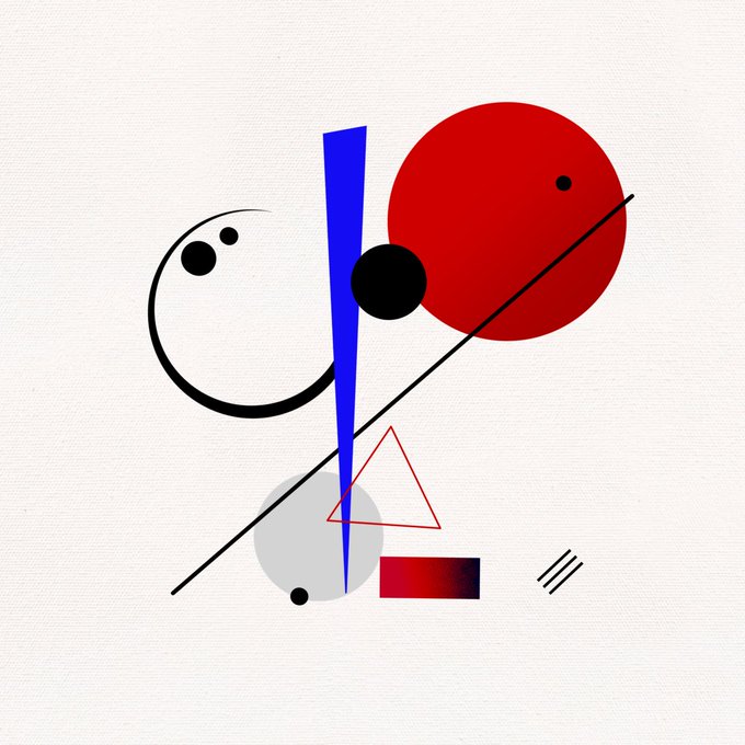 An abstract geometric artwork on a white canvas featuring a black curved line with dots, a large red circle, a black circle, a blue vertical triangle, a diagonal black line, and smaller red and gray shapes.