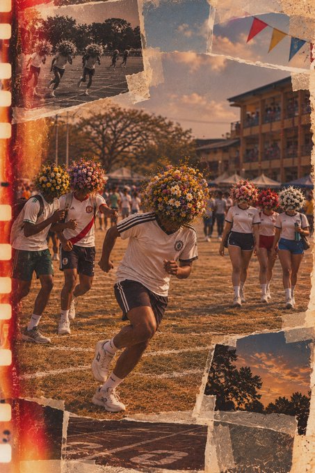 A collage-style image with a vintage film border shows students in school uniforms running on a dirt field, several wearing large, colorful flower headdresses, with festive bunting in the background.