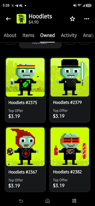 Screenshot of a mobile app displaying an NFT marketplace with 'Hoodlets' pixel art characters, showing items like 'Hoodlets #2375', 'Hoodlets #2379', 'Hoodlets #2367', and 'Hoodlets #2382' with top offers of $3.19.