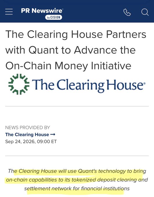 A PR Newswire press release from The Clearing House announces its partnership with Quant to advance the On-Chain Money Initiative, with the highlighted text noting that "The Clearing House will use Quant's technology to bring on-chain capabilities to its tokenized deposit clearing and settlement network for financial institutions."