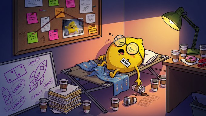 A cartoon illustration of an exhausted, glasses-wearing yellow character sleeping at a desk in a dark room, surrounded by empty coffee cups, stacked papers, and a whiteboard covered in 'LAUNCH??' messages.