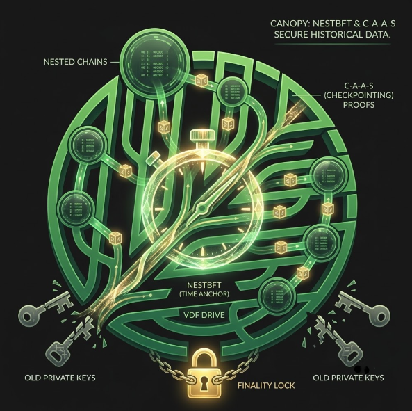 The image shows an illustration of a maze, which is connected by chains that represent data packets. The maze has a green border and yellow arrows pointing towards the data packets. There are also several keys scattered throughout the maze, some of which appear to be old private keys. The image also includes text that explains how PoS networks face vulnerability issues with long-range attacks, and how NestBFT can fix this problem by blending standard PoS protocols with a network security feature called PoS Network fixes.