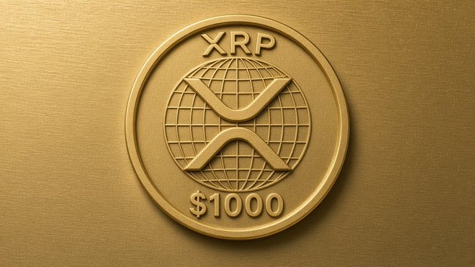 A gold coin embossed with the XRP logo and the text '$1000' against a golden background.