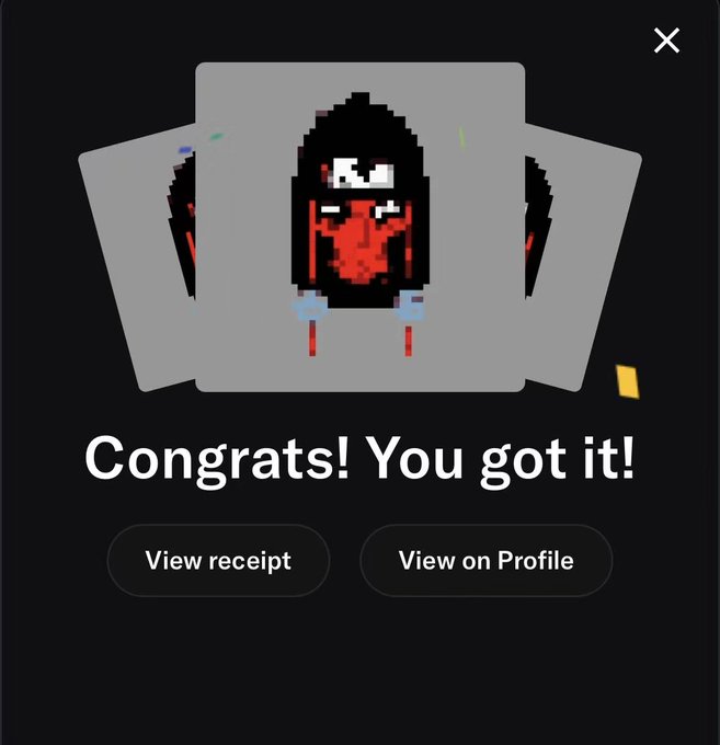 A pixelated figure wearing a red shirt and black mask is displayed on a rotating platform with the text "Congrats! You got it!" below, along with "View receipt" and "View on Profile" buttons — indicating a successful acquisition or reward, tied to the #NINJANEX hashtag celebrating the ninja-themed collectible.