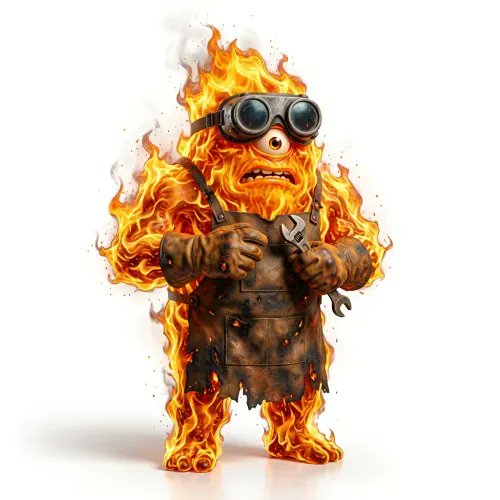The image features a cartoon character with a fiery appearance, possibly an anthropomorphic robot or monster resembling Vrons. The character appears to be wearing a large pair of goggles that shield its eyes from the fire flames coming out of it. This unique creature has a set of tools strapped around its waist, suggesting it might be a repairman or handyman type of character who is in control of this fiery beast. The image seems to be related to an item being sold for 0.14 ETH on an auction site, indicating that the character and its features are highly sought after by collectors or fans alike.