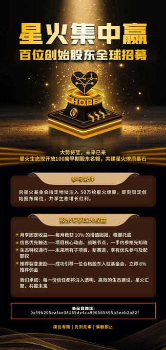 A promotional recruitment poster in Chinese announcing "星火集中赢 · 百位创始股东全球招募" (Spark Concentration Win · Global Recruitment of 100 Founding Shareholders), featuring a gold heart-and-flame logo above details on monthly fixed returns (10%), benefits, and a Tron-based wallet address (0x49b205eafae38155de4ca996565495beeb2a82f), directly illustrating the accompanying post's call for early shareholders to join the Spark ecosystem.