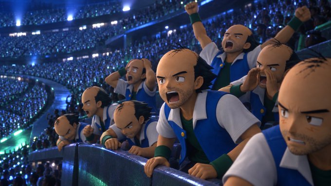 A stadium full of identical anime-style fans with receding hairlines cheer passionately from the stands, all wearing matching blue and white outfits. The joke of the accompanying post plays on the visual gag: despite their thinning hairlines, the fans are swept up in the excitement, suggesting their "movement" (team spirit) advances even as their hairlines retreat.