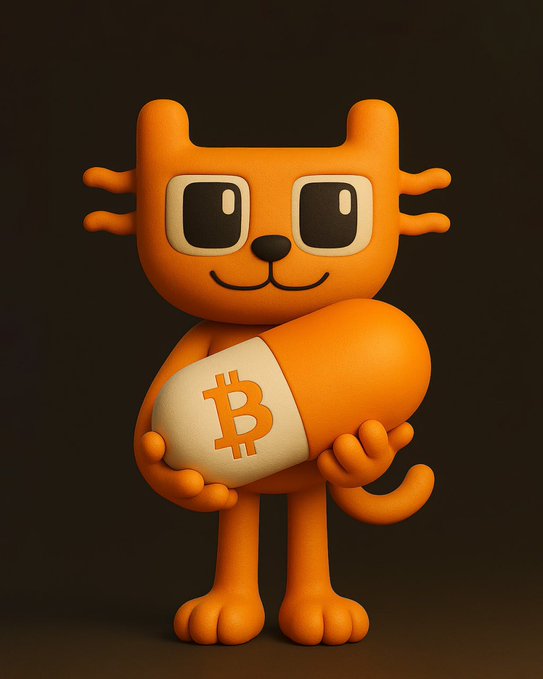 A 3D-rendered orange cartoon cat character with whiskers and a smiling face holds a white pill-shaped object displaying the Bitcoin (₿) logo against a dark background.