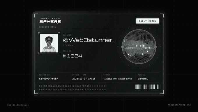 A digital ID card from "Project Sphere" displays an "Early Entry" badge for username @Web3stunner_, assigned CREG No. 1924 and Record ID G1-01924-FD5F, issued on 2026-10-07 with granted access—visually representing the Genesis Crew membership NFT described in the post.