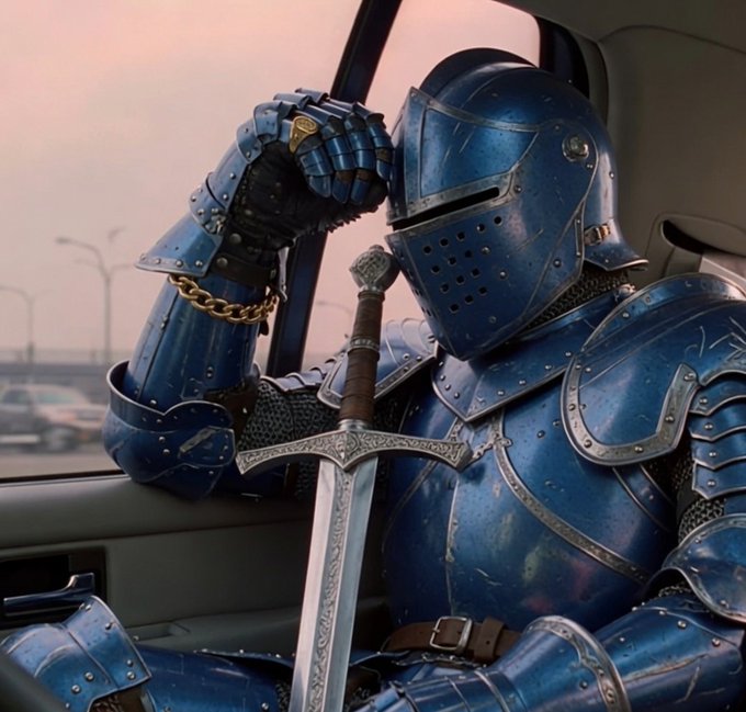 A knight in blue metallic armor sits in a car, raising a fist near his helmet while holding an ornate sword.