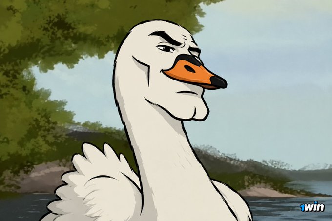 An animated illustration of a white goose with a stern expression against a backdrop of water and trees, with a '1win' logo in the corner.
