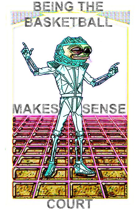 A stylized digital artwork with the text "BEING THE BASKETBALL MAKES SENSE COURT," depicting a wireframe-style figure with a geometric head standing on a tiled basketball court floor.
