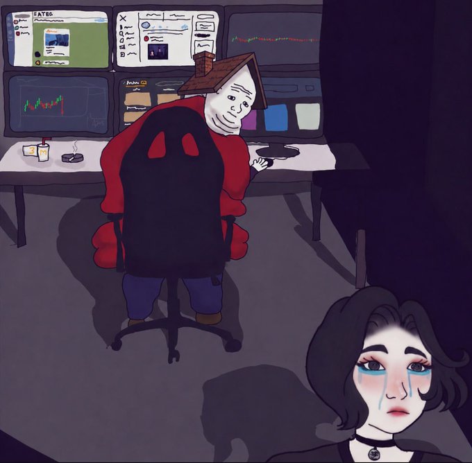 A trader in a "PAYSC" interface sits at multi-screen charts showing plummeting candlestick patterns, while a woman with a choker and a heart necklace weeps in the foreground. The caption references "chillhouse" and "breakout," highlighting the trader's broken promise to his devastated partner.