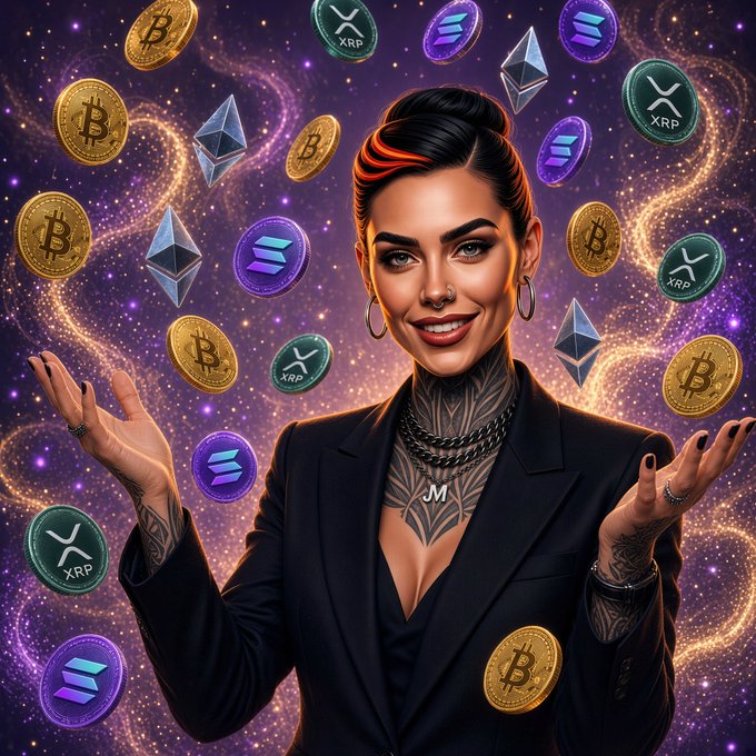 A digital illustration of a tattooed woman in a dark blazer smiling with outstretched hands, surrounded by floating cryptocurrency coins (Bitcoin, XRP, Solana, Ethereum) against a cosmic background.
