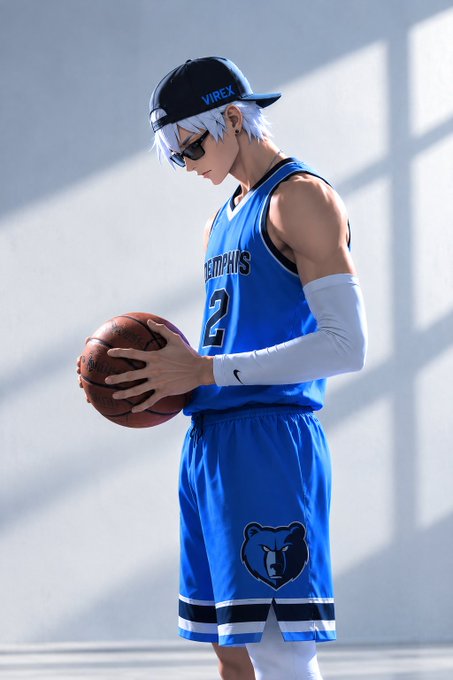 An anime-style illustration of a white-haired character wearing a blue Memphis Grizzlies basketball jersey (number 2), sunglasses, and a 'VIREX' cap, holding a basketball.
