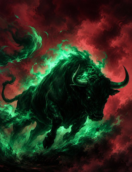 Fantasy digital artwork of a powerful bull composed of dark fur and glowing green energy, charging forward against a dramatic red cloudy sky.