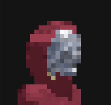 A pixel art illustration of a figure wearing a red hooded outfit and a metallic robotic or skull-like mask against a dark background.