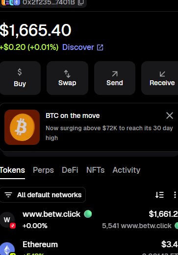 A mobile crypto wallet app screenshot showing a balance of $1,665.40 (+$0.20, +0.01%), with tabs for Buy, Swap, Send, and Receive, and a 'BTC on the move' notification about Bitcoin surging above $72K to a 30-day high.
