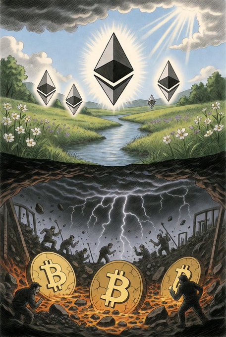 The image features a group of people standing around a fire, with Bitcoin and Etherium coins scattered around them. The scene depicts an atmosphere of excitement or celebration related to cryptocurrency trading. The text "It's becoming more clear lately one is superior!" emphasizes the superiority of Bitcoin over Etherium.