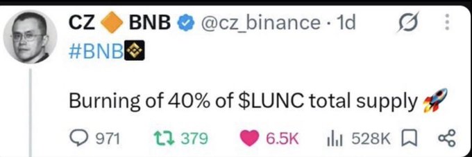 A tweet from CZ (cz_binance) about BNB reads 'Burning of 40% of $LUNC total supply 🚀', showing 6.5K likes and 528K views.