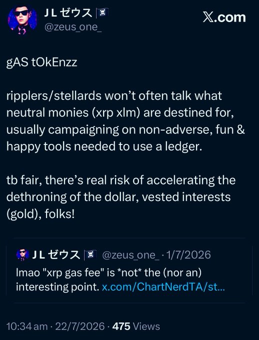 A tweet from @zeus_one_ on X (dated 1/7/2026, quoted in a 22/7/2026 post) discussing XRP and XLM as neutral bridging currencies, noting that "ripplers/stellards" avoid highlighting the "real risk of accelerating the dethroning of the dollar" and vested gold interests. The accompanying context emphasizes that bridging utility at scale implies significant market cap and price implications for XRP and XLM.