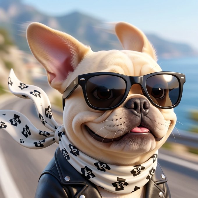 A French Bulldog wearing black sunglasses, a black leather jacket, and a monogrammed scarf billows in the wind along a coastal road with mountains in the background. The image's confident, speedy swagger embodies the post's playful "VROOM" vibe of cruising in style.
