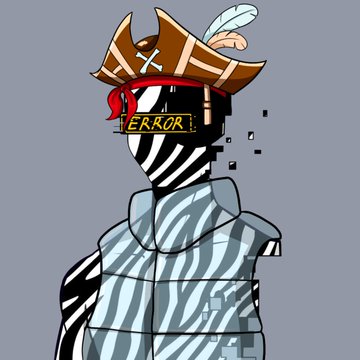 A stylized figure wearing a pirate hat has a glitched face displaying the word "ERROR" in yellow text, with pixel-like blocks fragmenting off to the side, visually representing digital corruption—fitting the "404 errors" theme referenced in the caption about favorite NFTs from the @404s_ethereum collection.