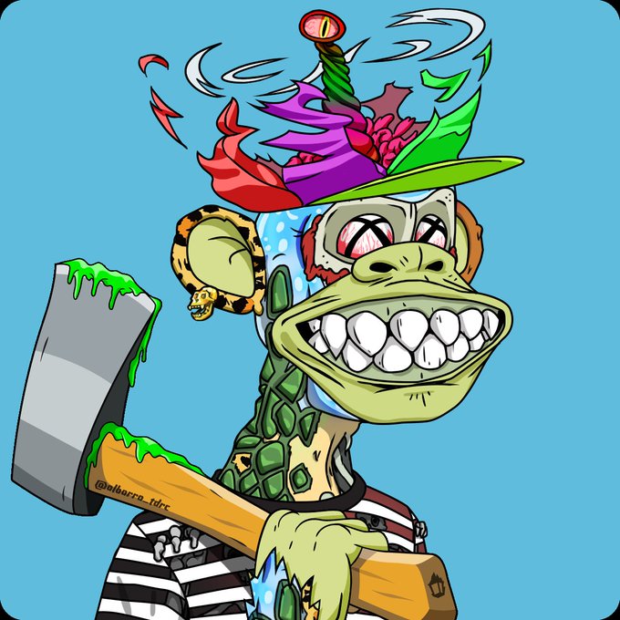 A vibrant cartoon illustration of a menacing monkey character with a colorful hat, glowing red eyes, and a wide toothy grin, holding a hammer-like object, signed @albarra_tdrc.