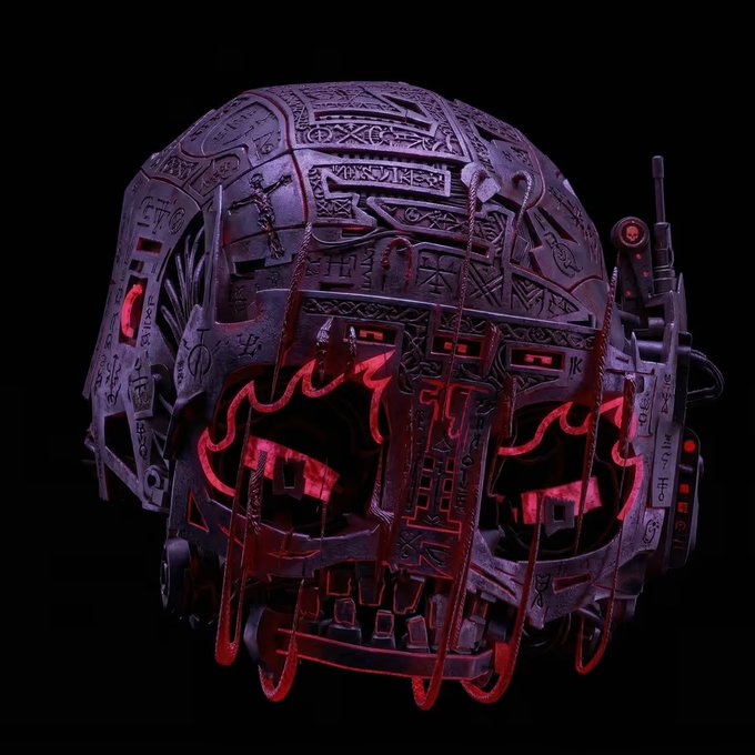 A metallic, cyberpunk-style helmet covered in intricate engravings features glowing red lights emanating from its eye sockets.