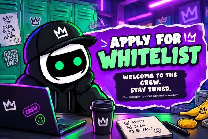 A colorful cartoon graphic with the text "APPLY FOR WHITELIST," "WELCOME TO THE CREW. STAY TUNED," and "Your application has been submitted successfully," featuring a masked character in a hoodie working on a laptop.