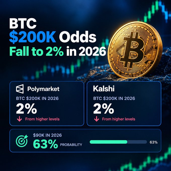 An infographic showing 'BTC $200K Odds Fall to 2% in 2026', displaying predictions from Polymarket and Kalshi at 2% each, and a $90K in 2026 probability at 63%, set against a background with a Bitcoin coin and stock chart.